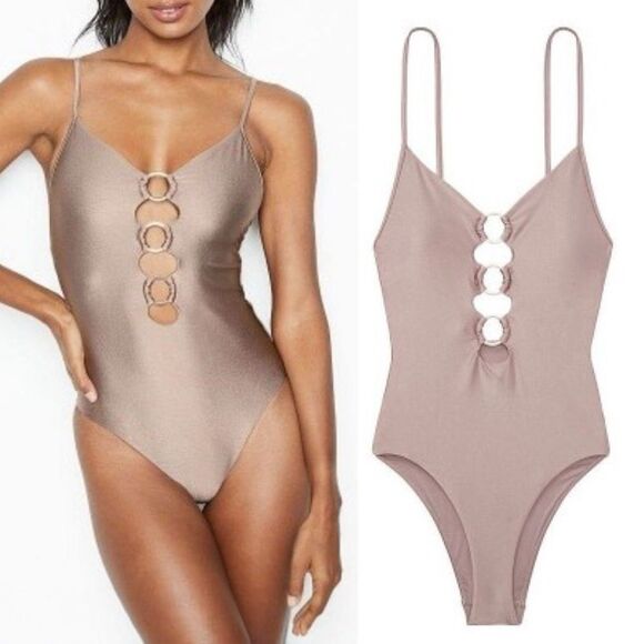 NEW Victoria's Secret V-Plunge Ring One-Piece Swimsuit Shimmer Taupe Size Medium - Picture 10 of 10